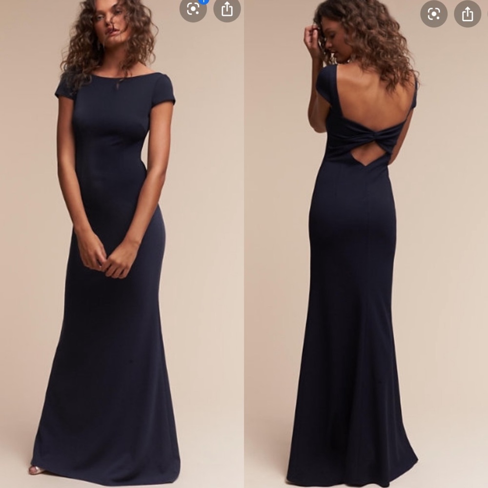 Katie May Navy Open-Back Cap Sleeve Gown